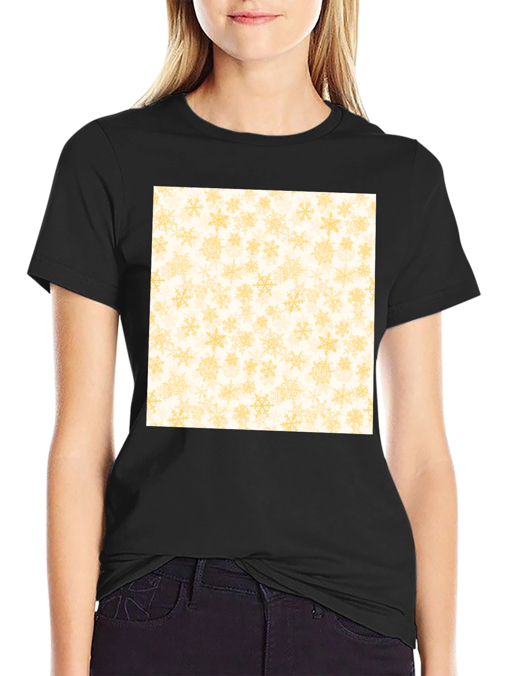 Snowflake Pattern Tee - Black Cotton Casual