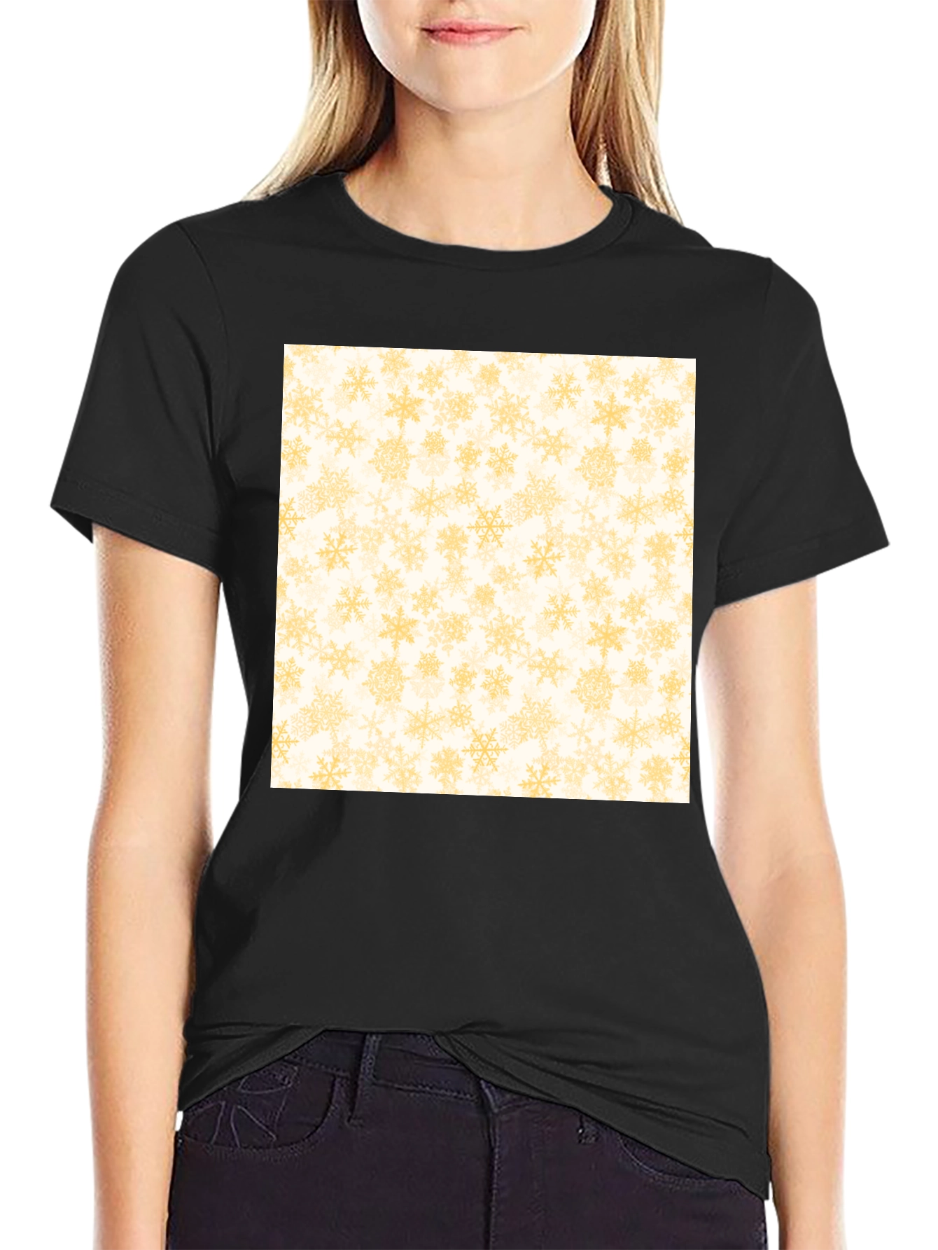 Snowflake Pattern Tee - Black Cotton Casual