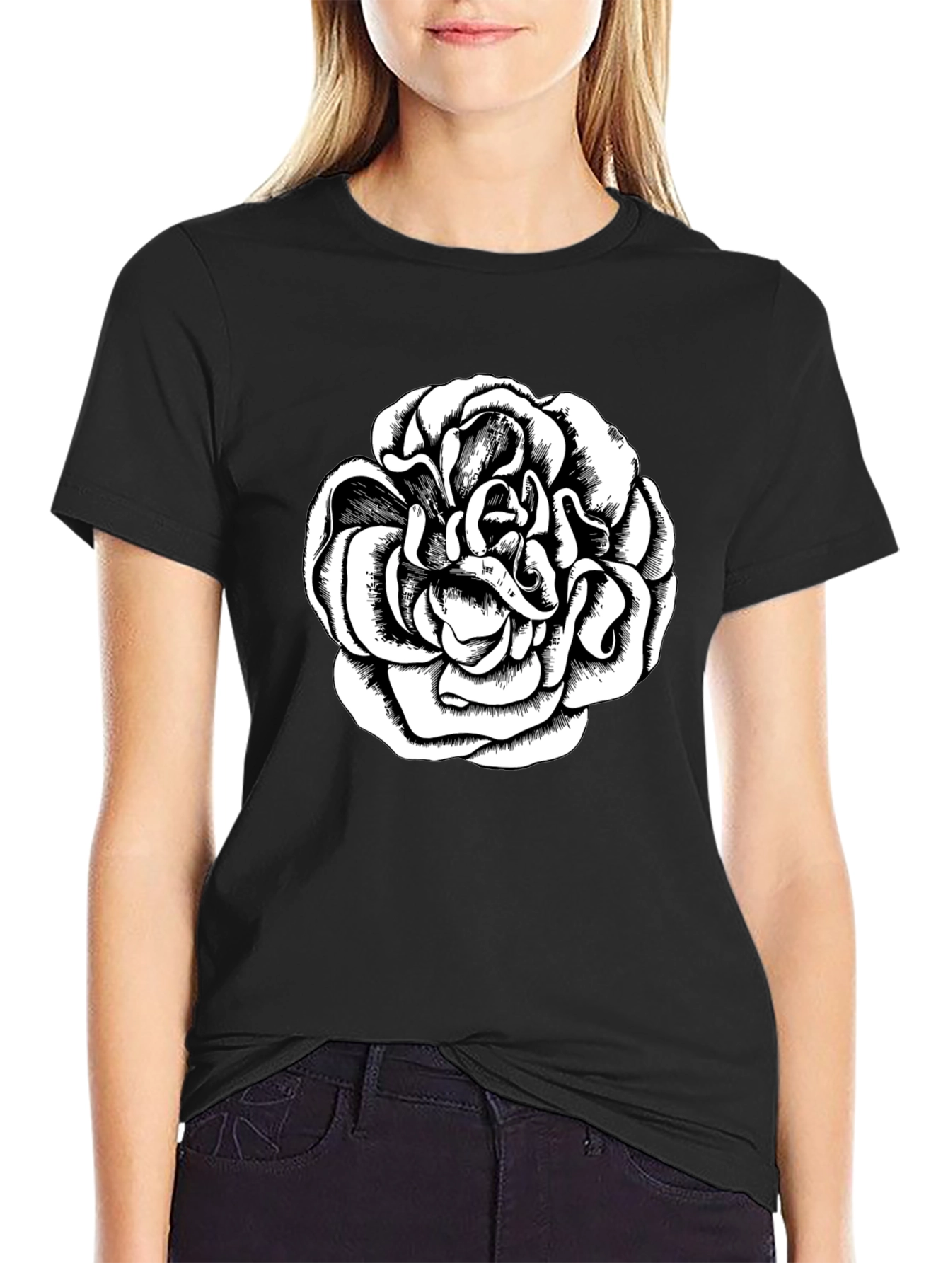 Black T-Shirt with Graphic Rose Design