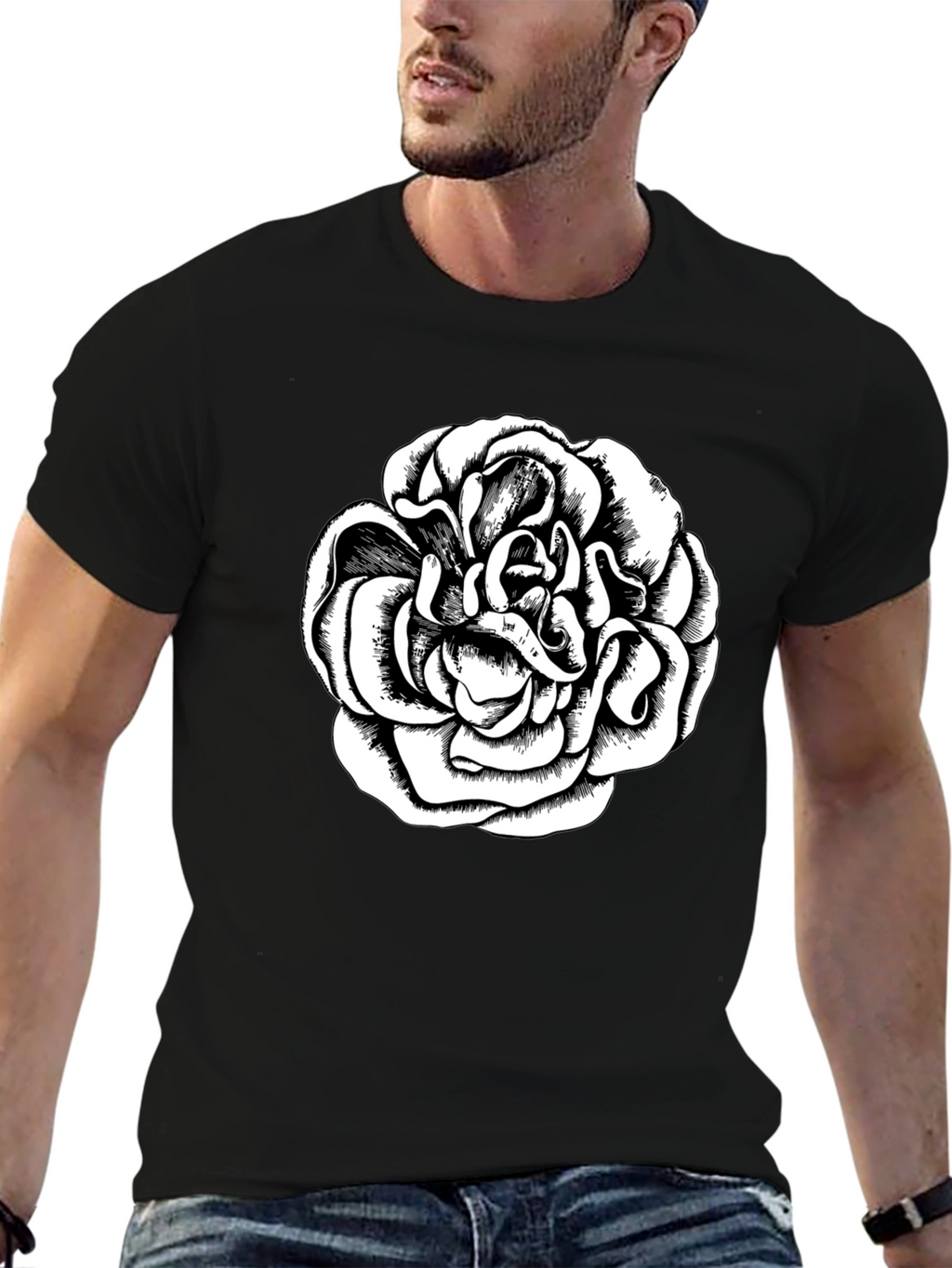 Black T-Shirt with Graphic Rose Design