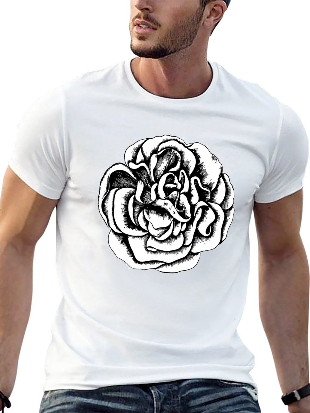 Black T-Shirt with Graphic Rose Design