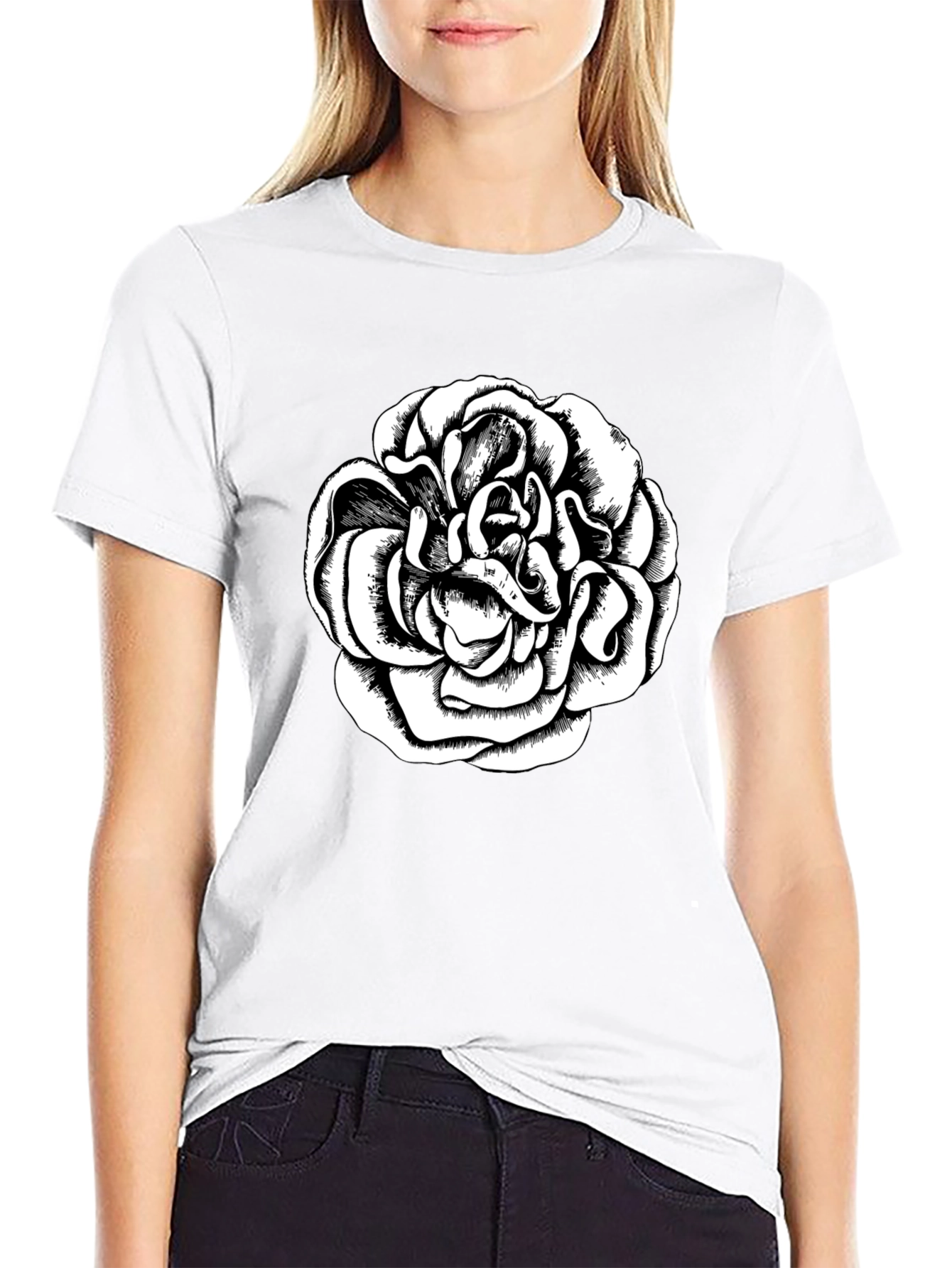 Black T-Shirt with Graphic Rose Design