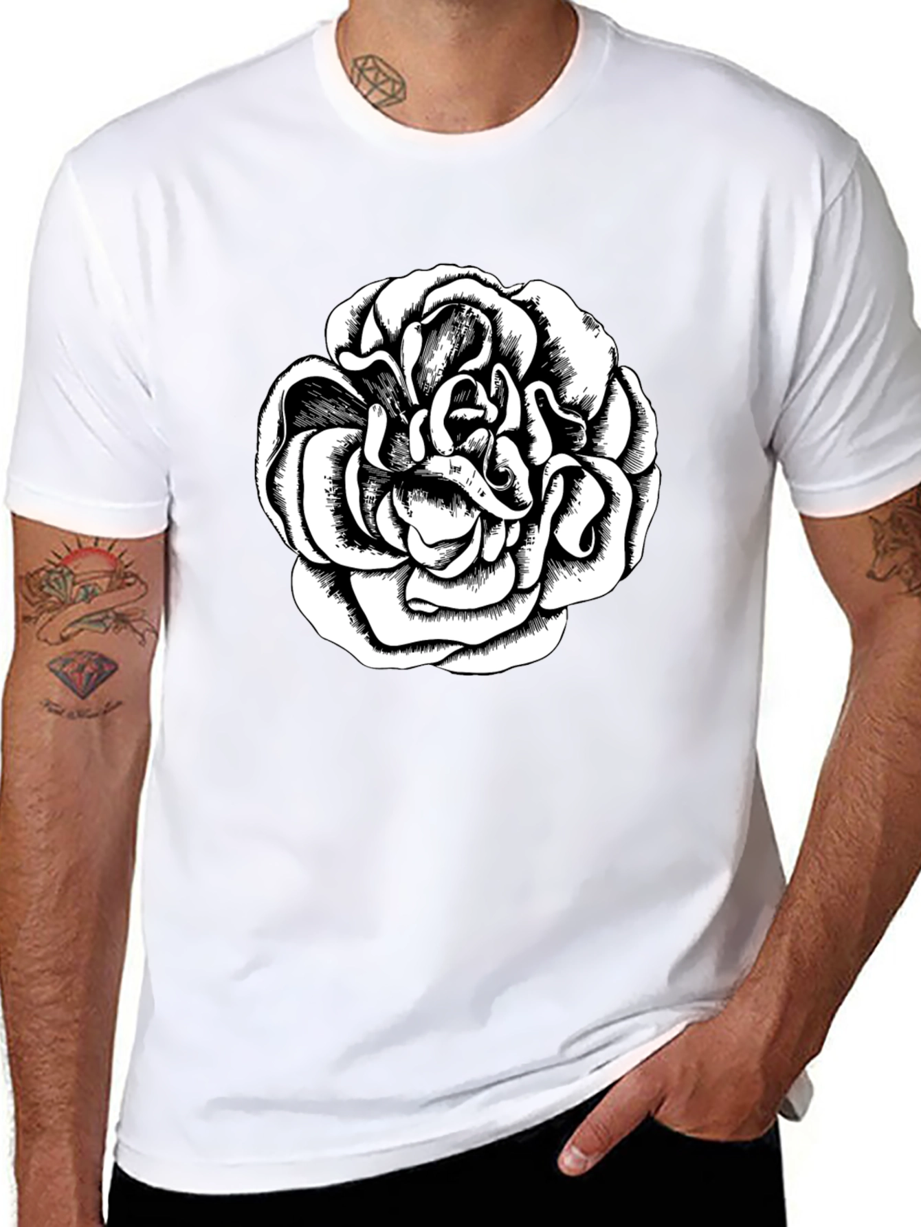 Black T-Shirt with Graphic Rose Design