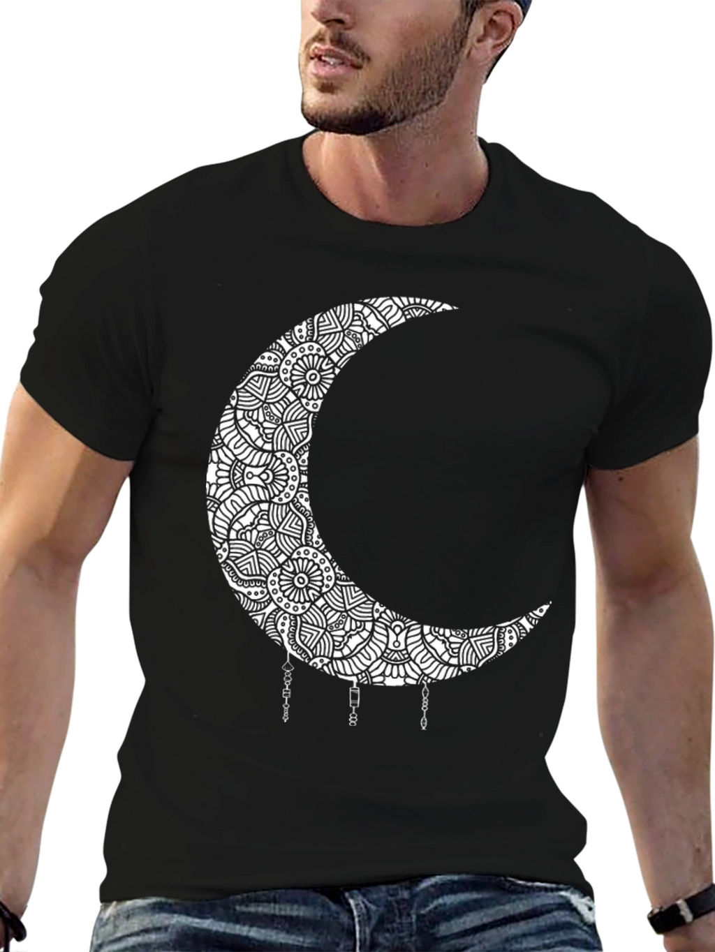 Boho Moon Mandala Graphic Black T-Shirt