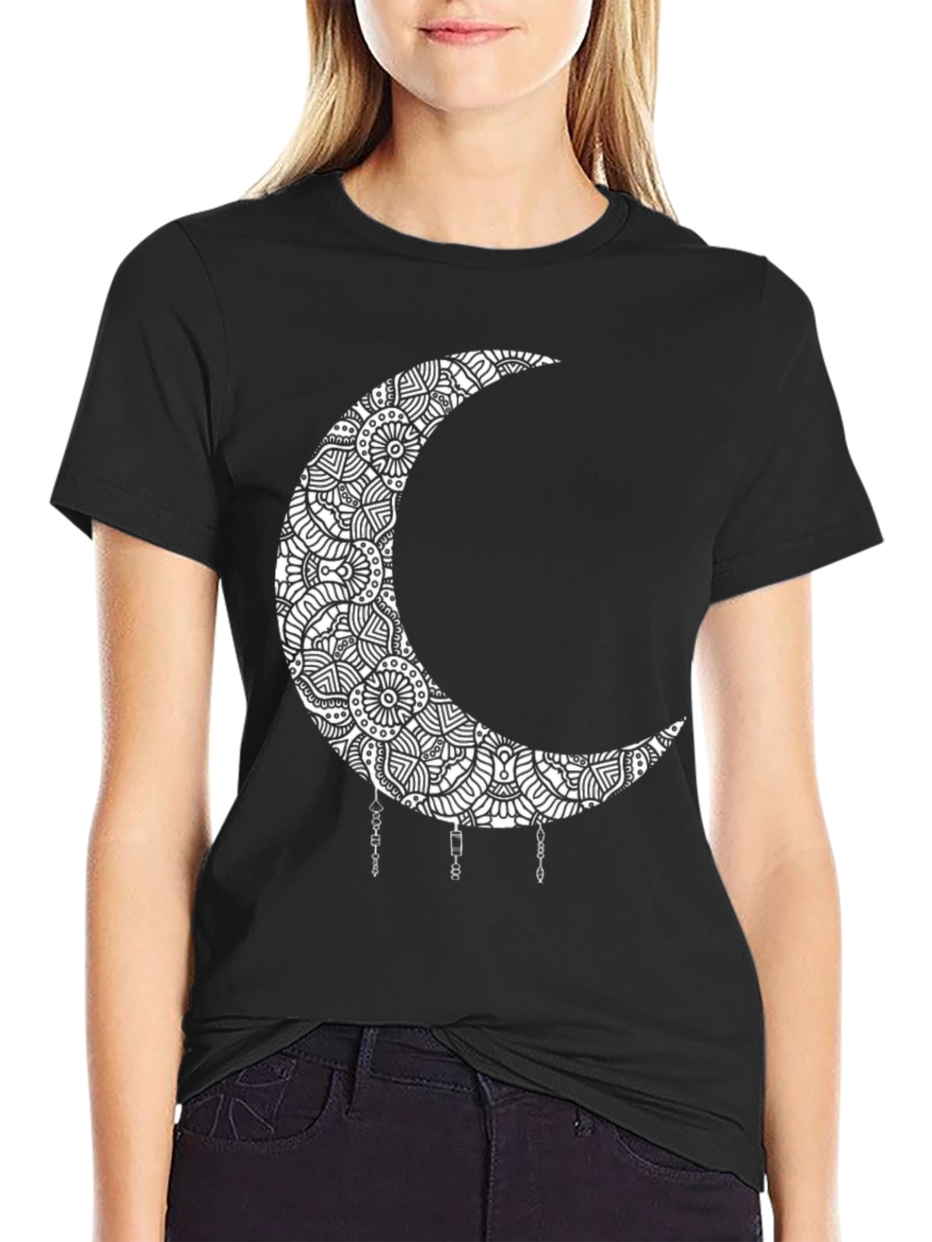 Boho Moon Mandala Graphic Black T-Shirt