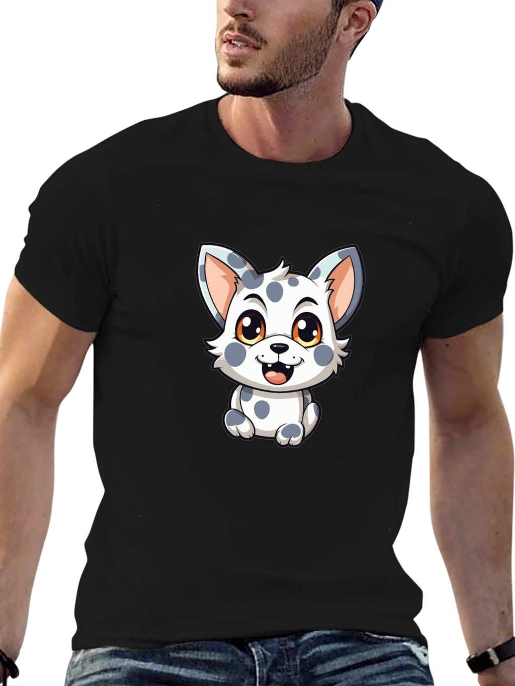 Cute Spotted Puppy Graphic Black T-Shirt