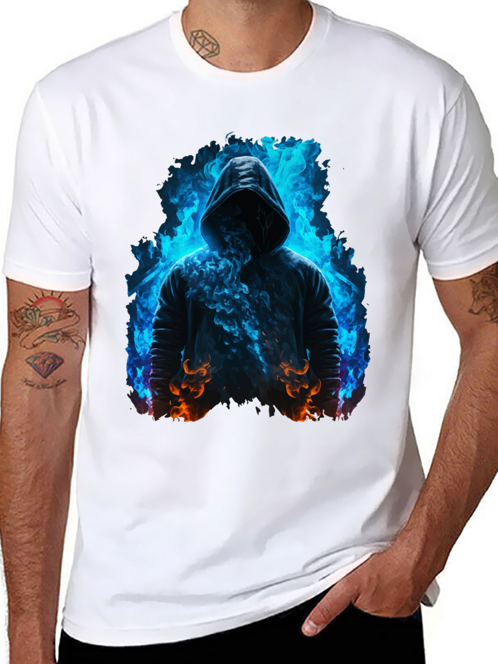 Hooded Figure Tee - Fiery Magic Print