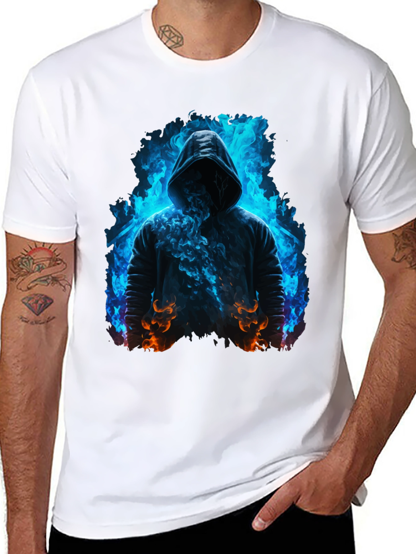 Hooded Figure Tee - Fiery Magic Print