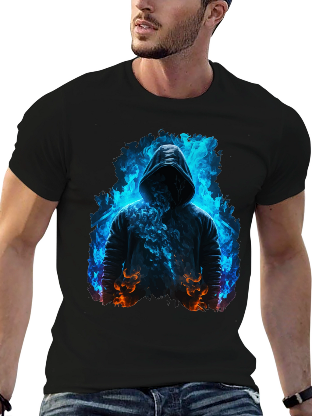 Hooded Figure Tee - Fiery Magic Print