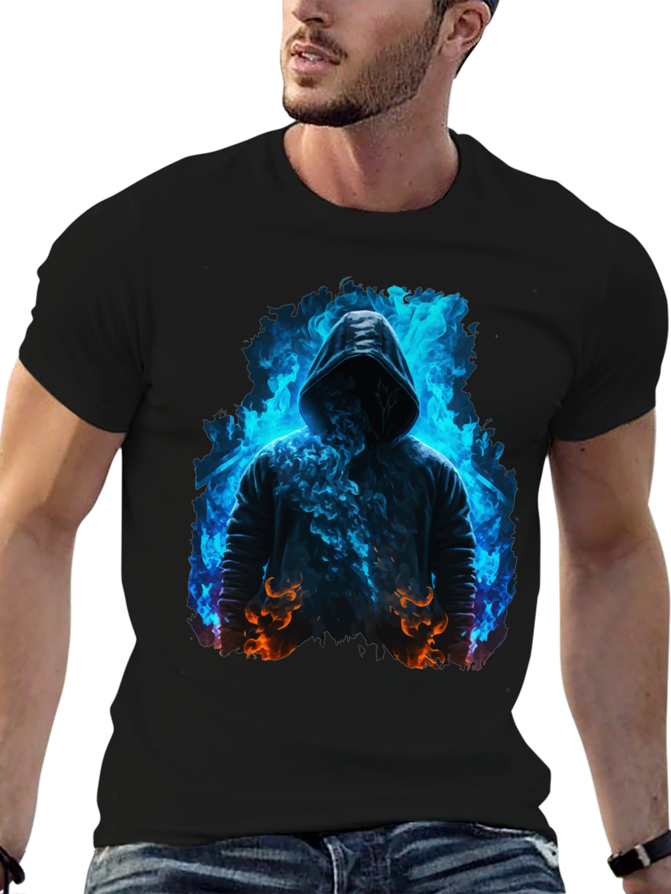 Hooded Figure Tee - Fiery Magic Print