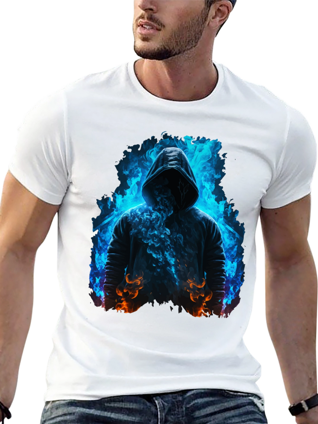 Hooded Figure Tee - Fiery Magic Print