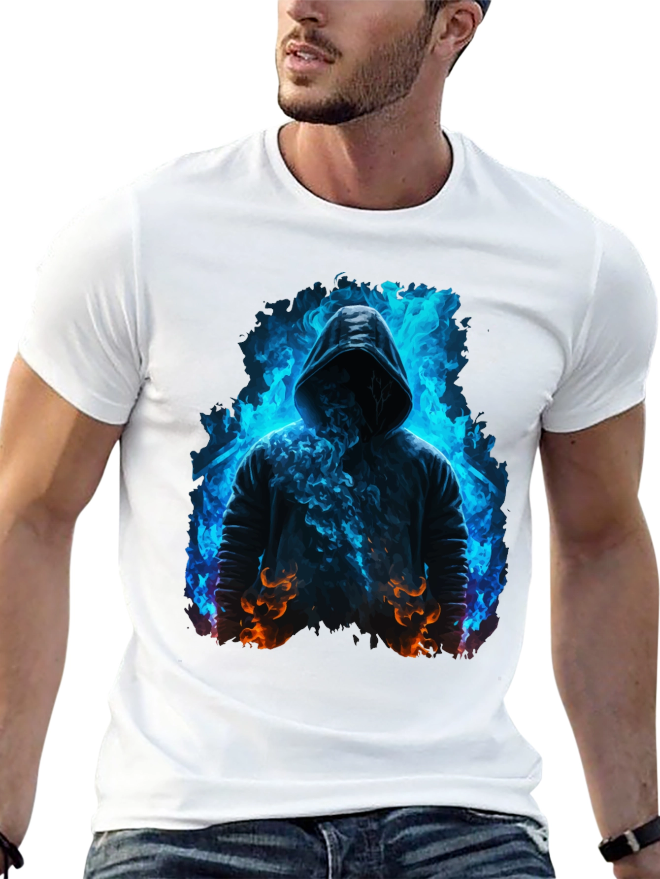 Hooded Figure Tee - Fiery Magic Print