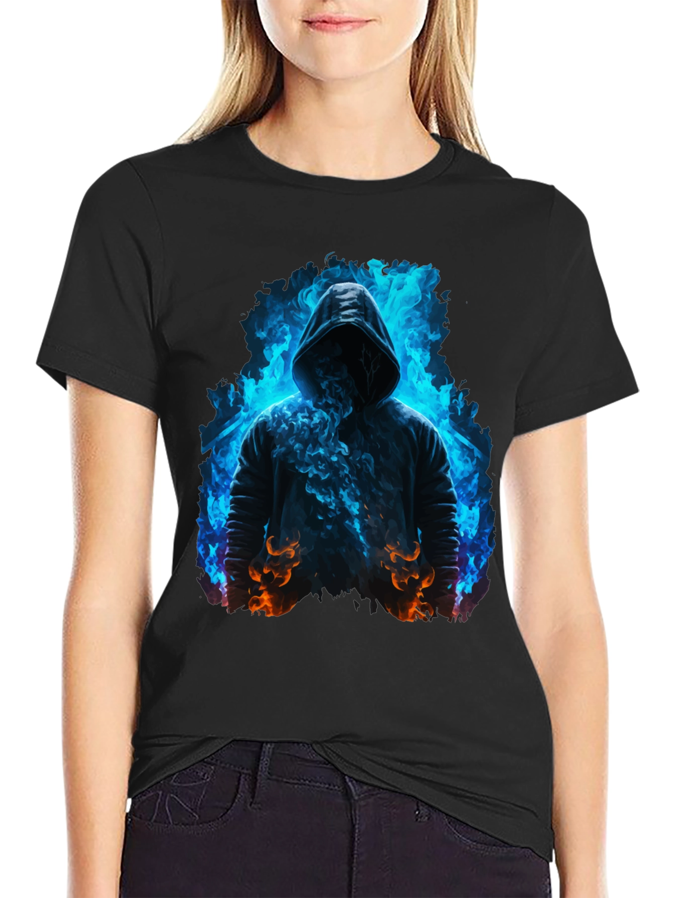 Hooded Figure Tee - Fiery Magic Print