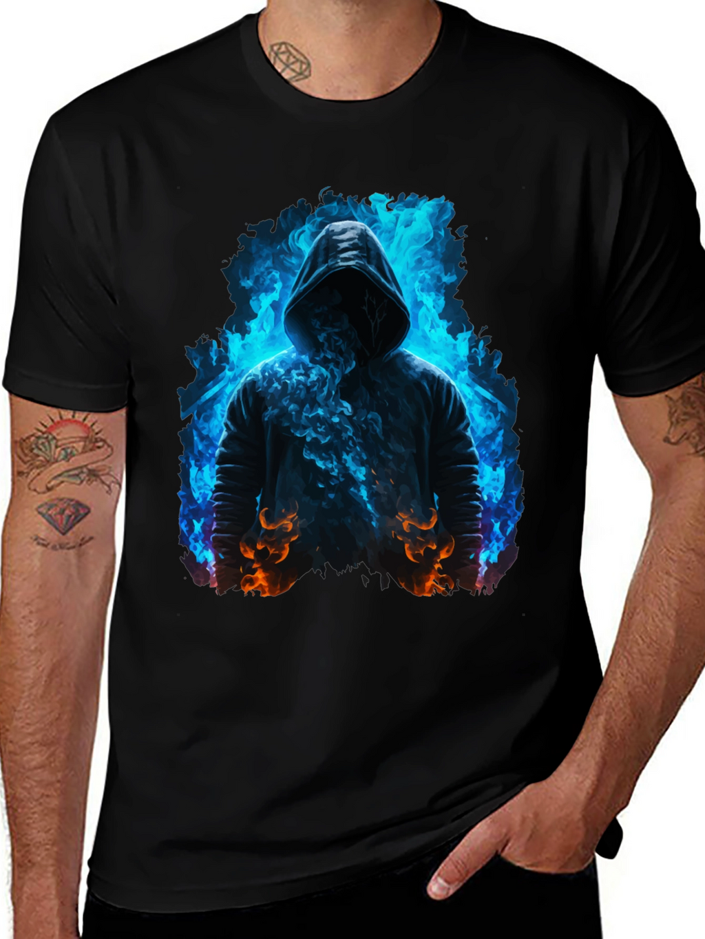 Hooded Figure Tee - Fiery Magic Print