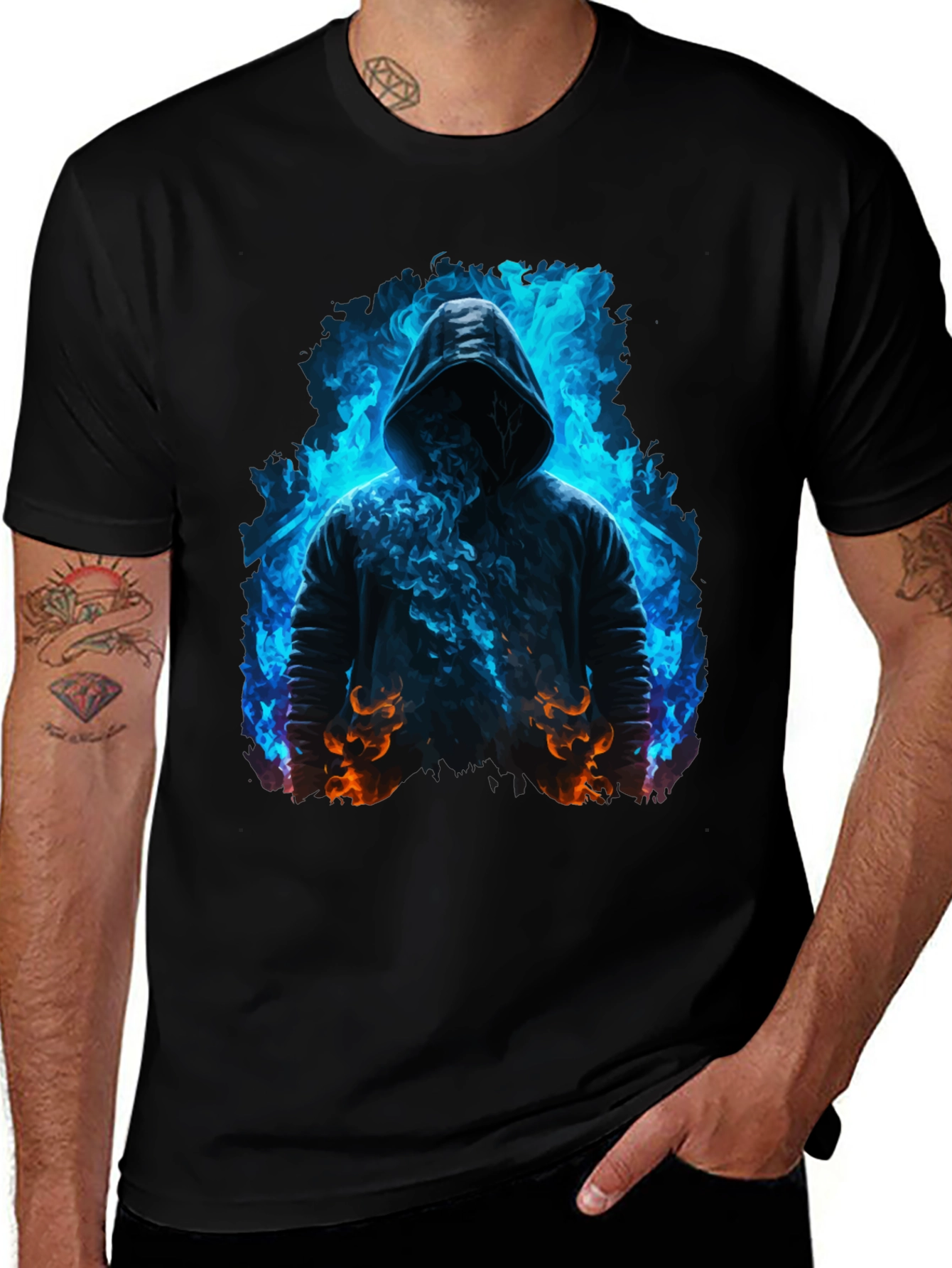 Hooded Figure Tee - Fiery Magic Print
