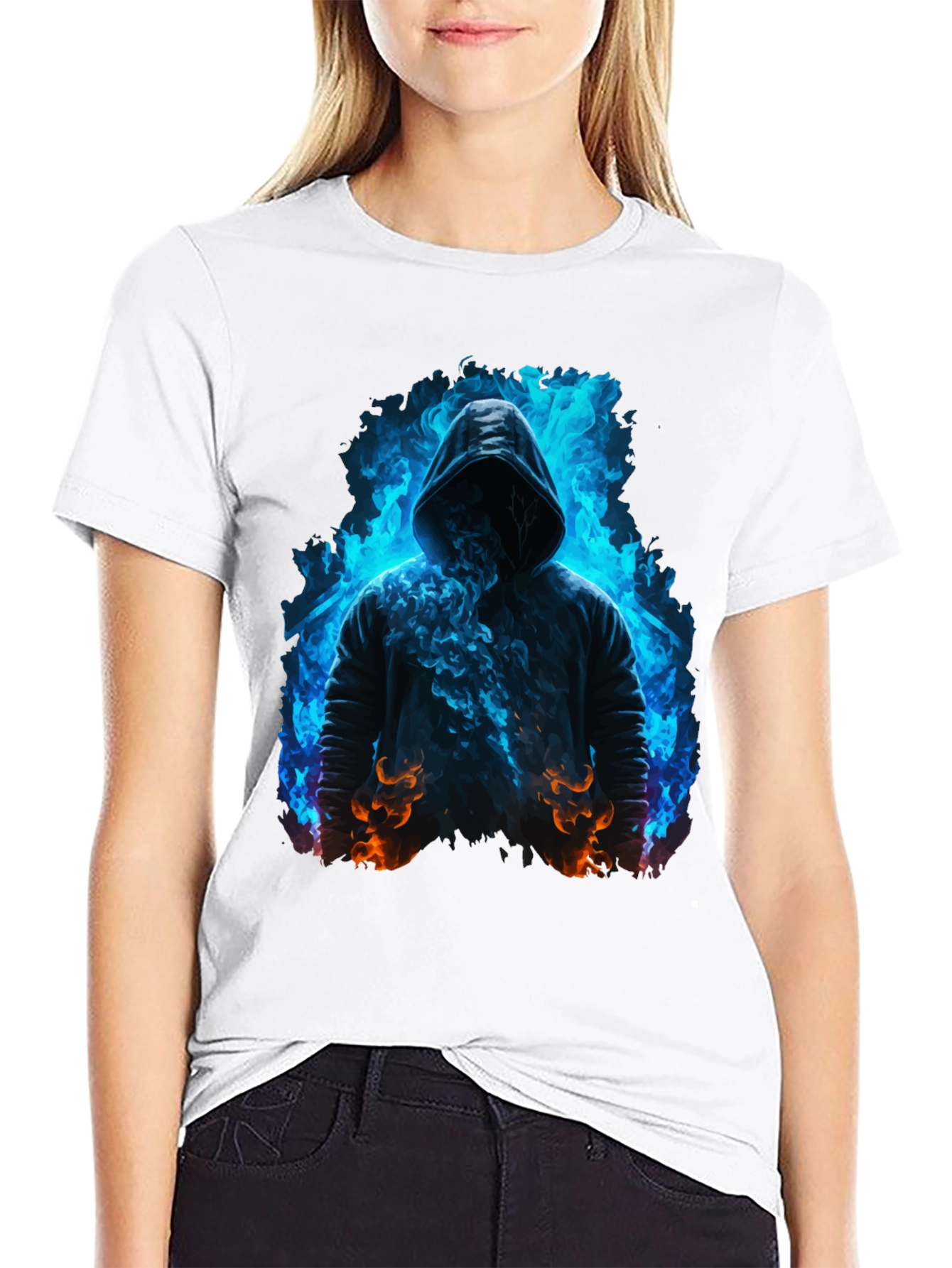 Hooded Figure Tee - Fiery Magic Print