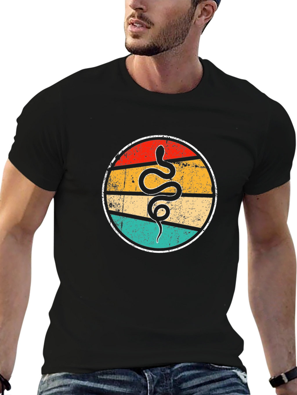 Retro Snake Graphic T-Shirt - Black Crew Neck Tee