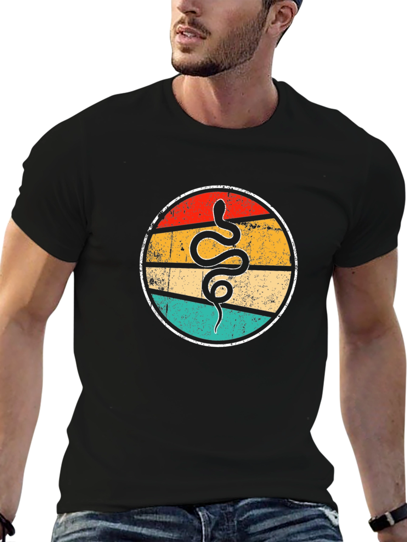 Retro Snake Graphic T-Shirt - Black Crew Neck Tee