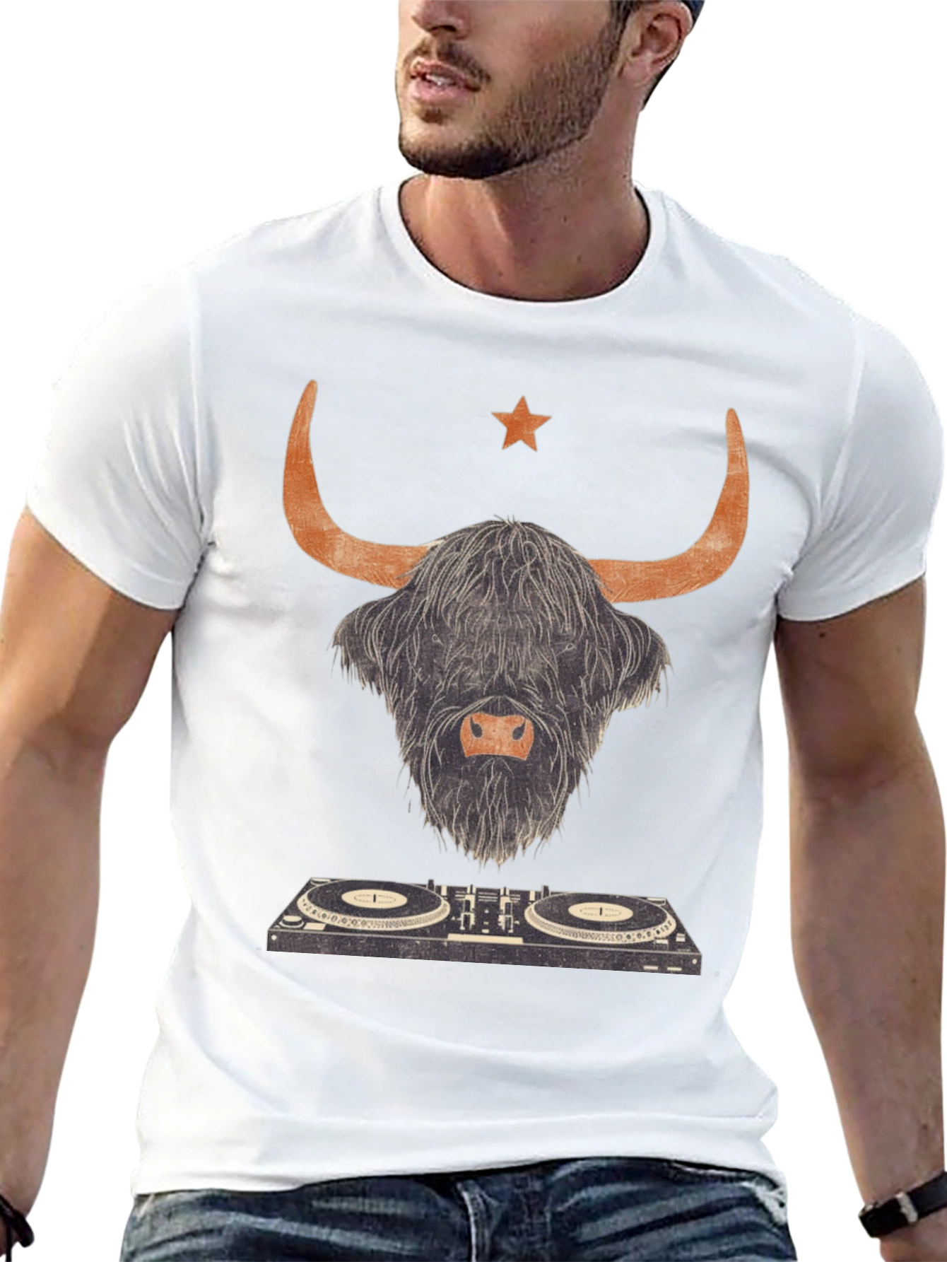 Highland Cow DJ Graphic Tee - Black Cotton T-Shirt
