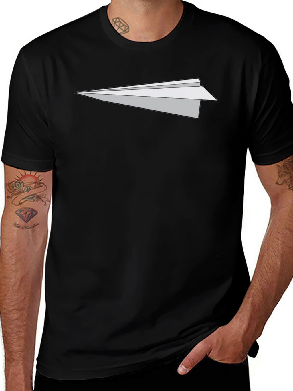 Mens Black T-Shirt with Paper Airplane Graphic