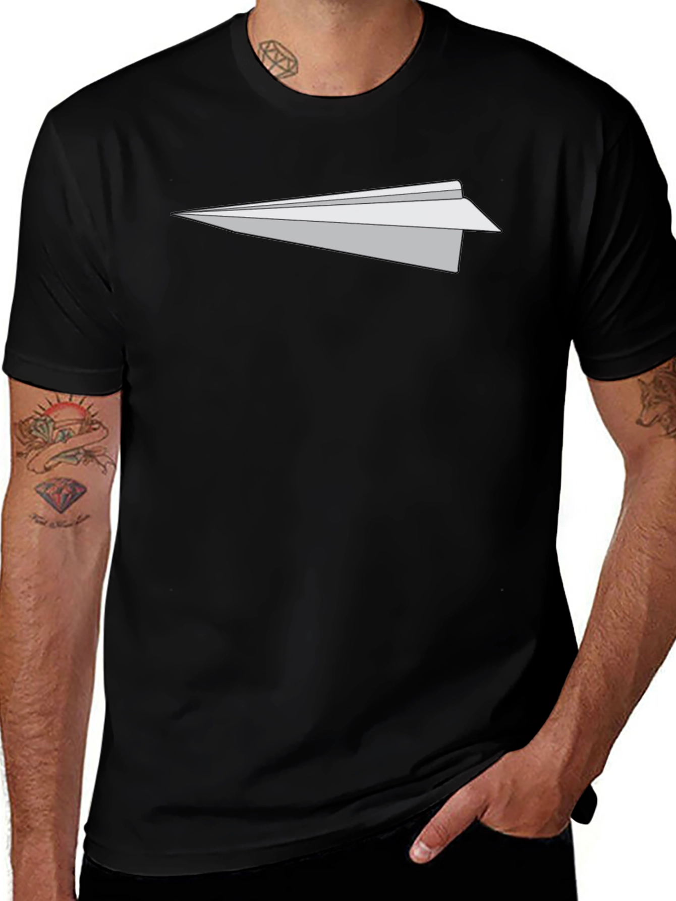 Mens Black T-Shirt with Paper Airplane Graphic