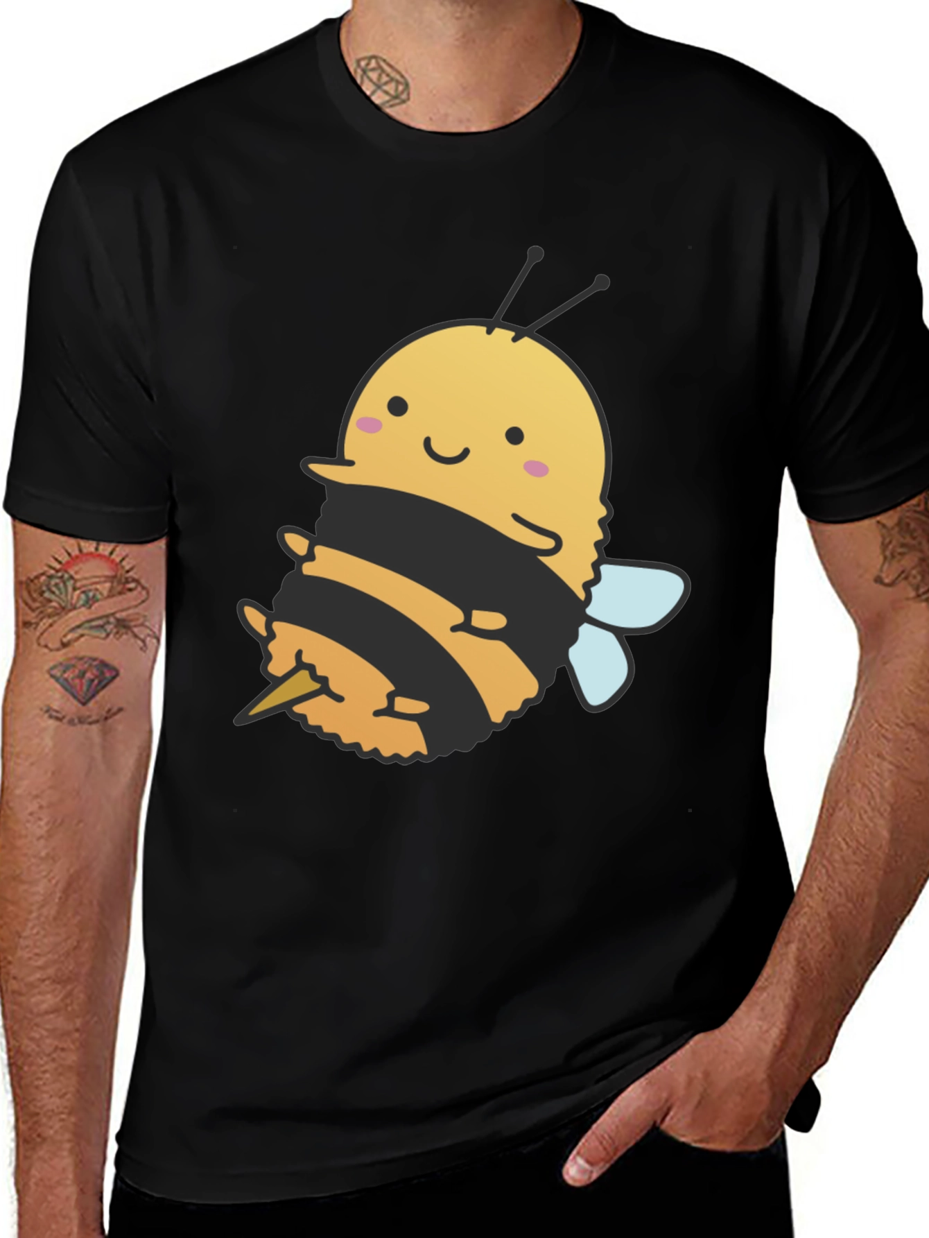 Cute Bee Graphic Tee - Black Cotton T-Shirt