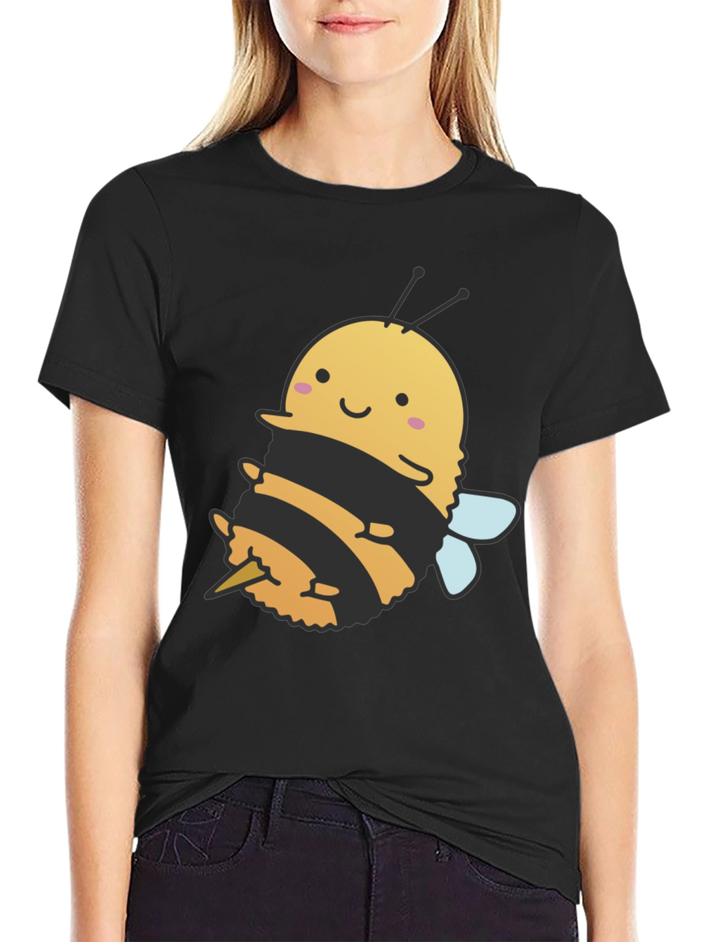 Cute Bee Graphic Tee - Black Cotton T-Shirt