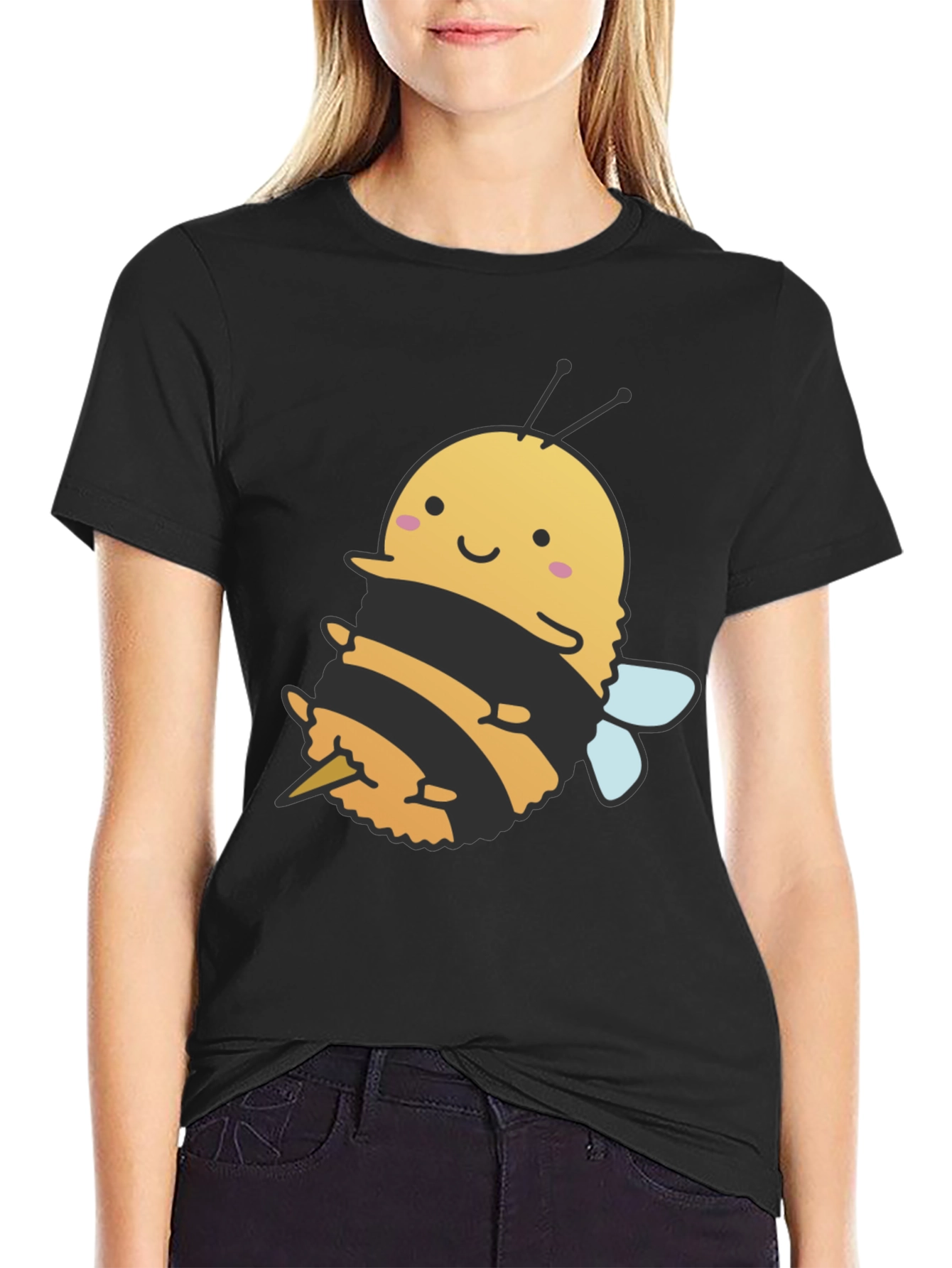 Cute Bee Graphic Tee - Black Cotton T-Shirt