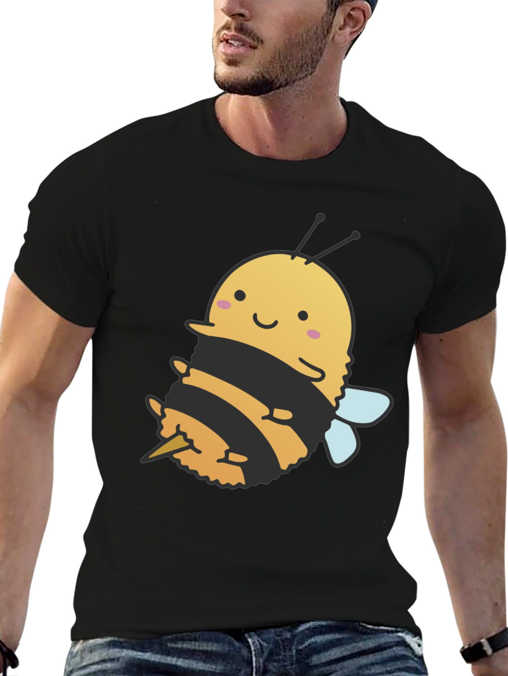 Cute Bee Graphic Tee - Black Cotton T-Shirt