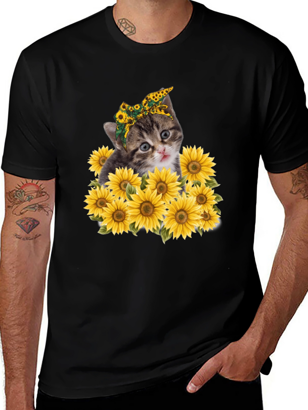 Cat Sunflower Graphic Tee - Trendy Black T-Shirt