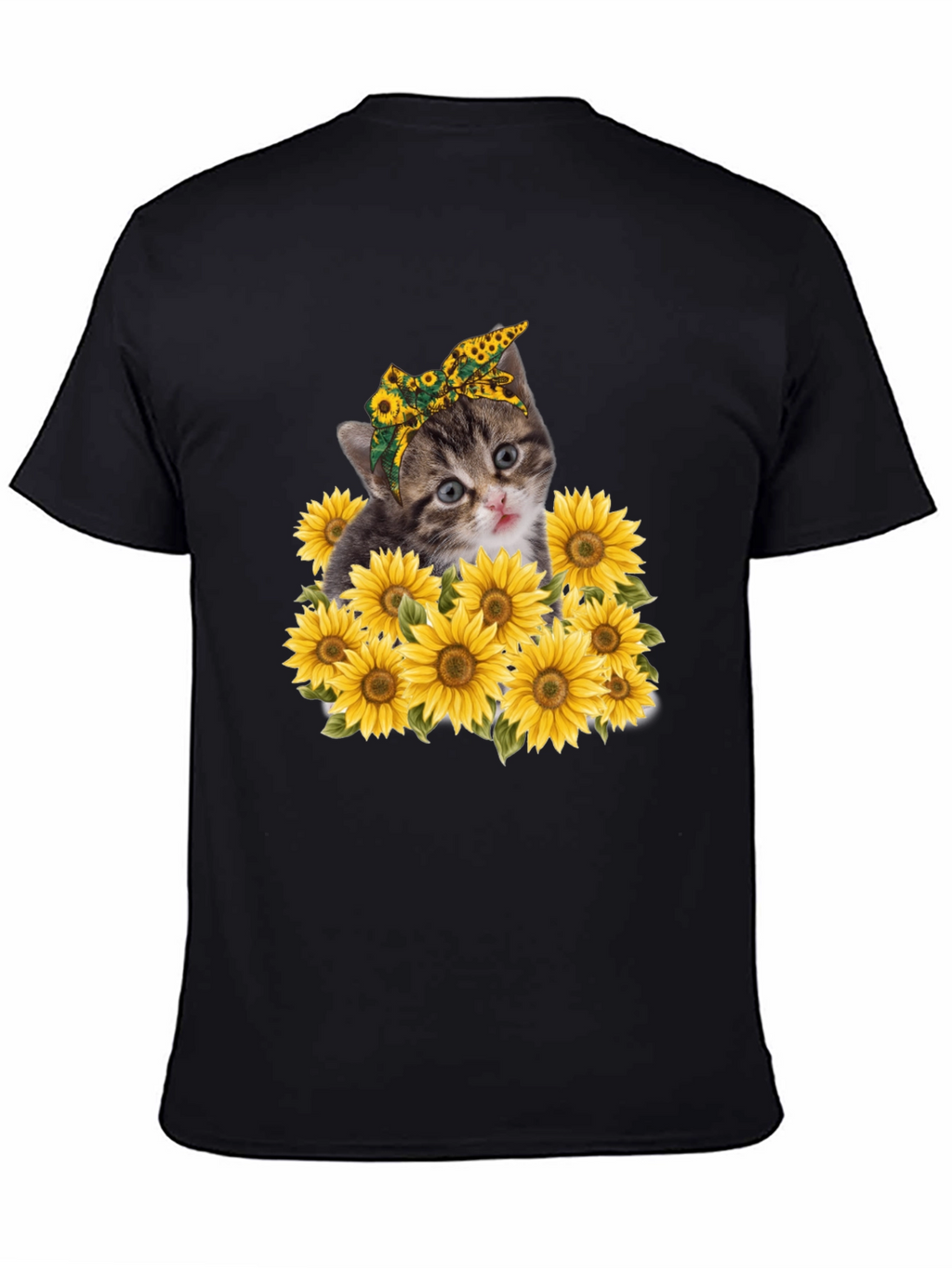 Cat Sunflower Graphic Tee - Trendy Black T-Shirt