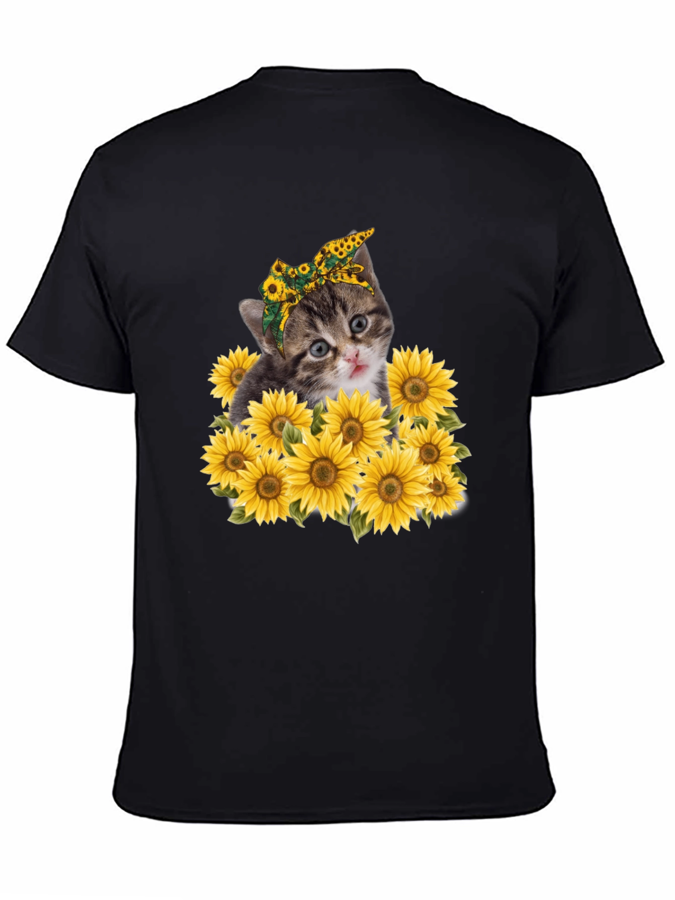 Cat Sunflower Graphic Tee - Trendy Black T-Shirt