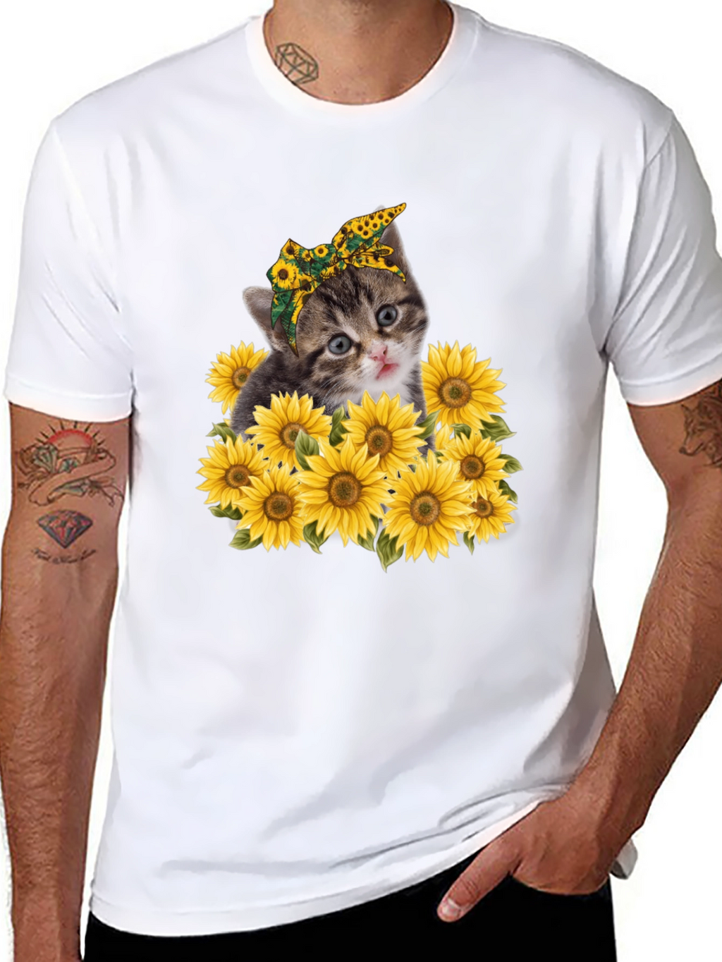 Cat Sunflower Graphic Tee - Trendy Black T-Shirt