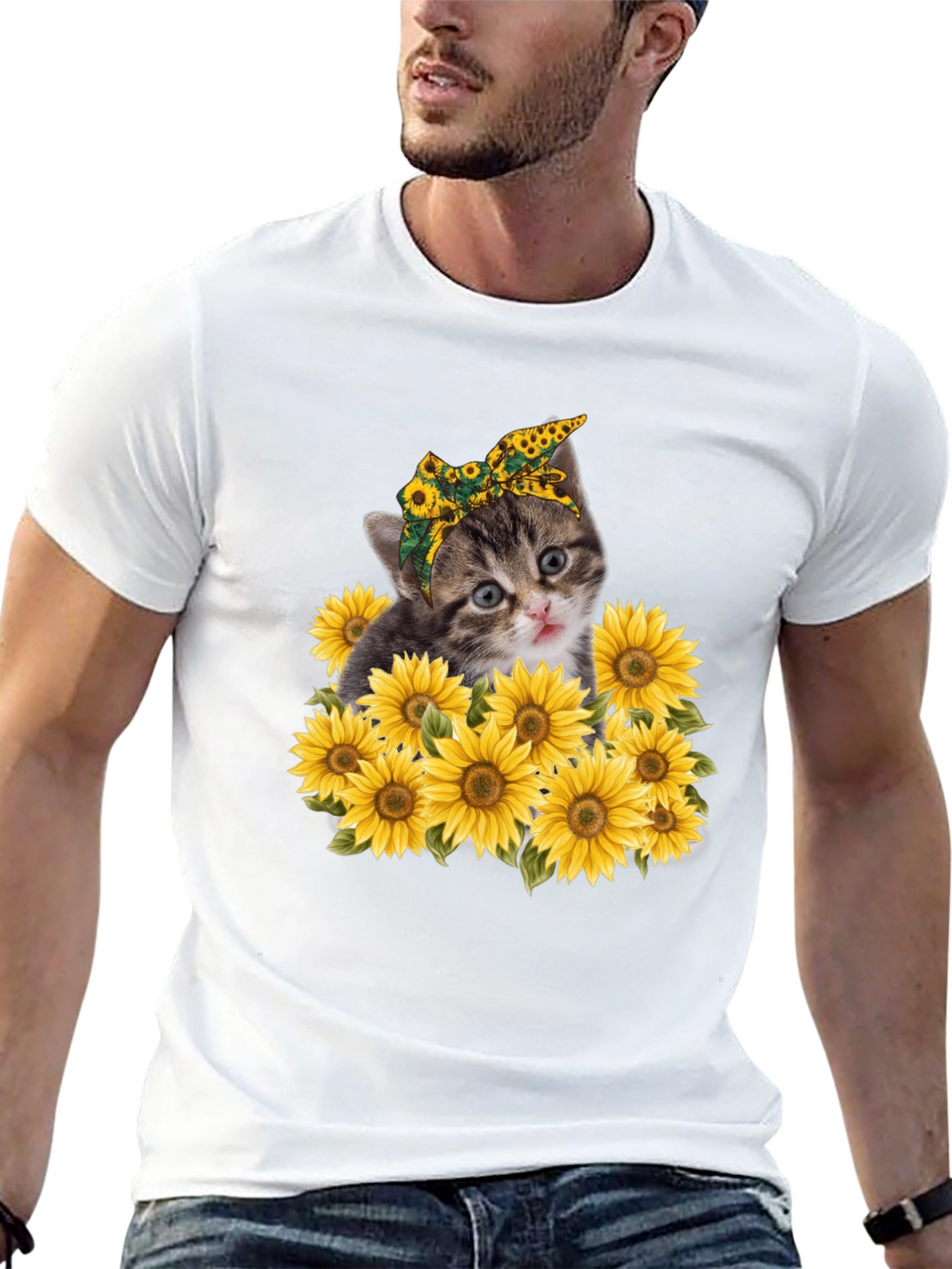 Cat Sunflower Graphic Tee - Trendy Black T-Shirt