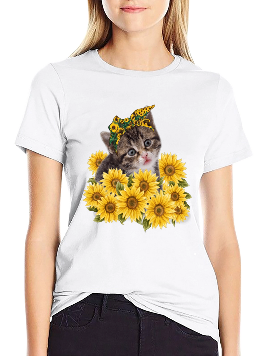 Cat Sunflower Graphic Tee - Trendy Black T-Shirt