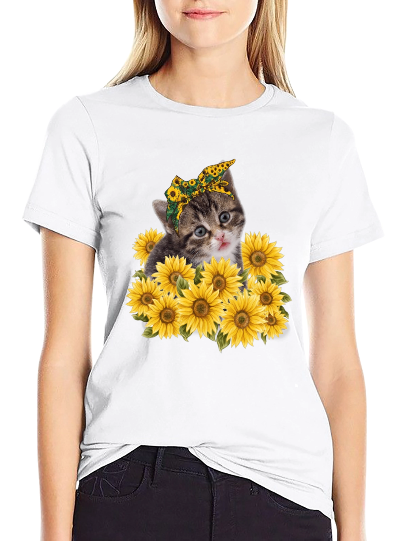 Cat Sunflower Graphic Tee - Trendy Black T-Shirt