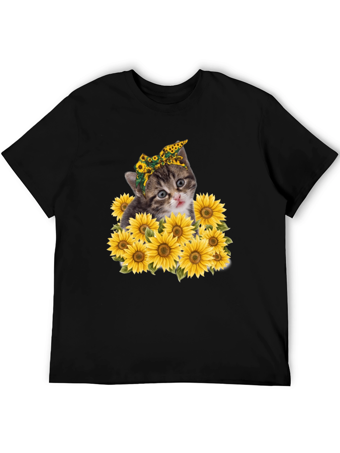 Cat Sunflower Graphic Tee - Trendy Black T-Shirt