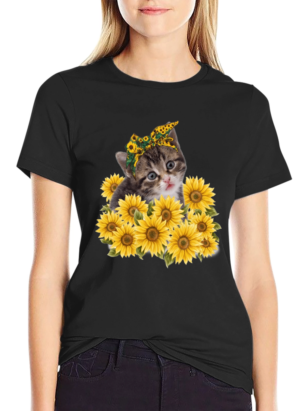 Cat Sunflower Graphic Tee - Trendy Black T-Shirt