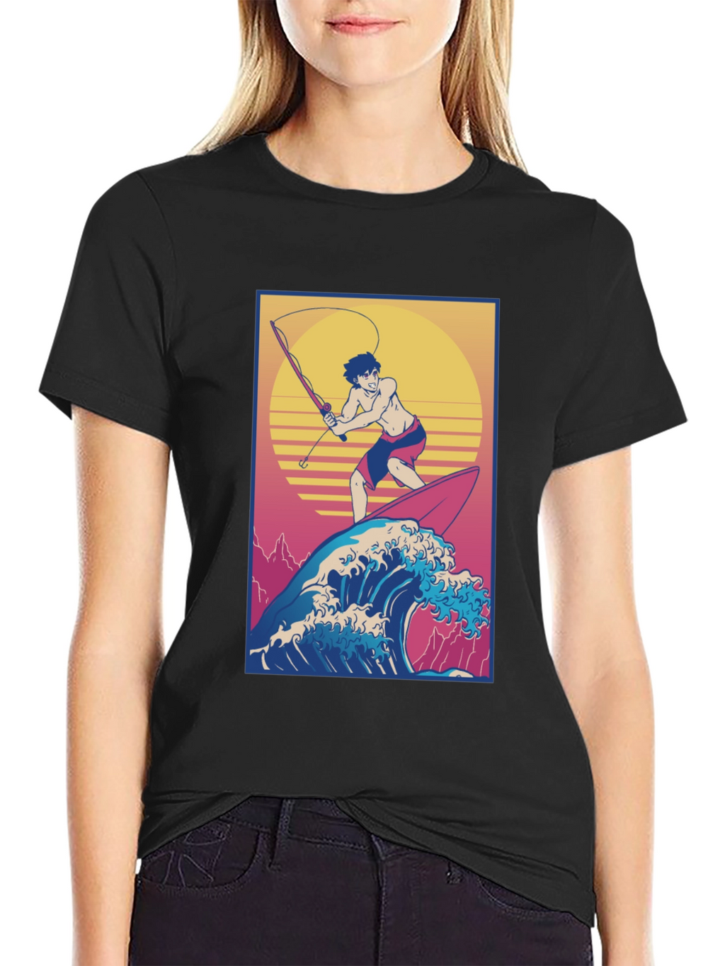 Surfing Fisherman Graphic Tee - Stylish Anime T-Shirt