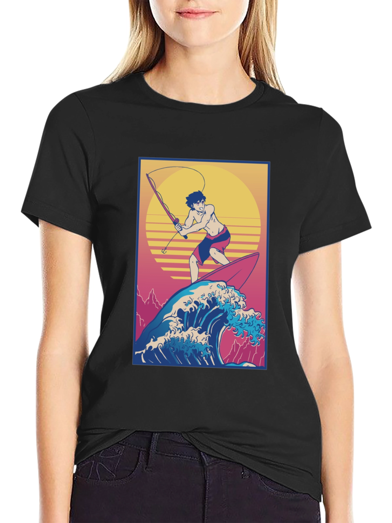 Surfing Fisherman Graphic Tee - Stylish Anime T-Shirt