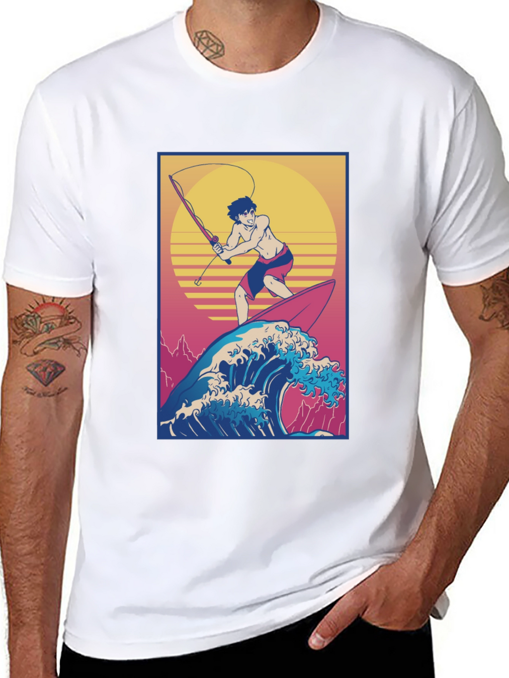 Surfing Fisherman Graphic Tee - Stylish Anime T-Shirt