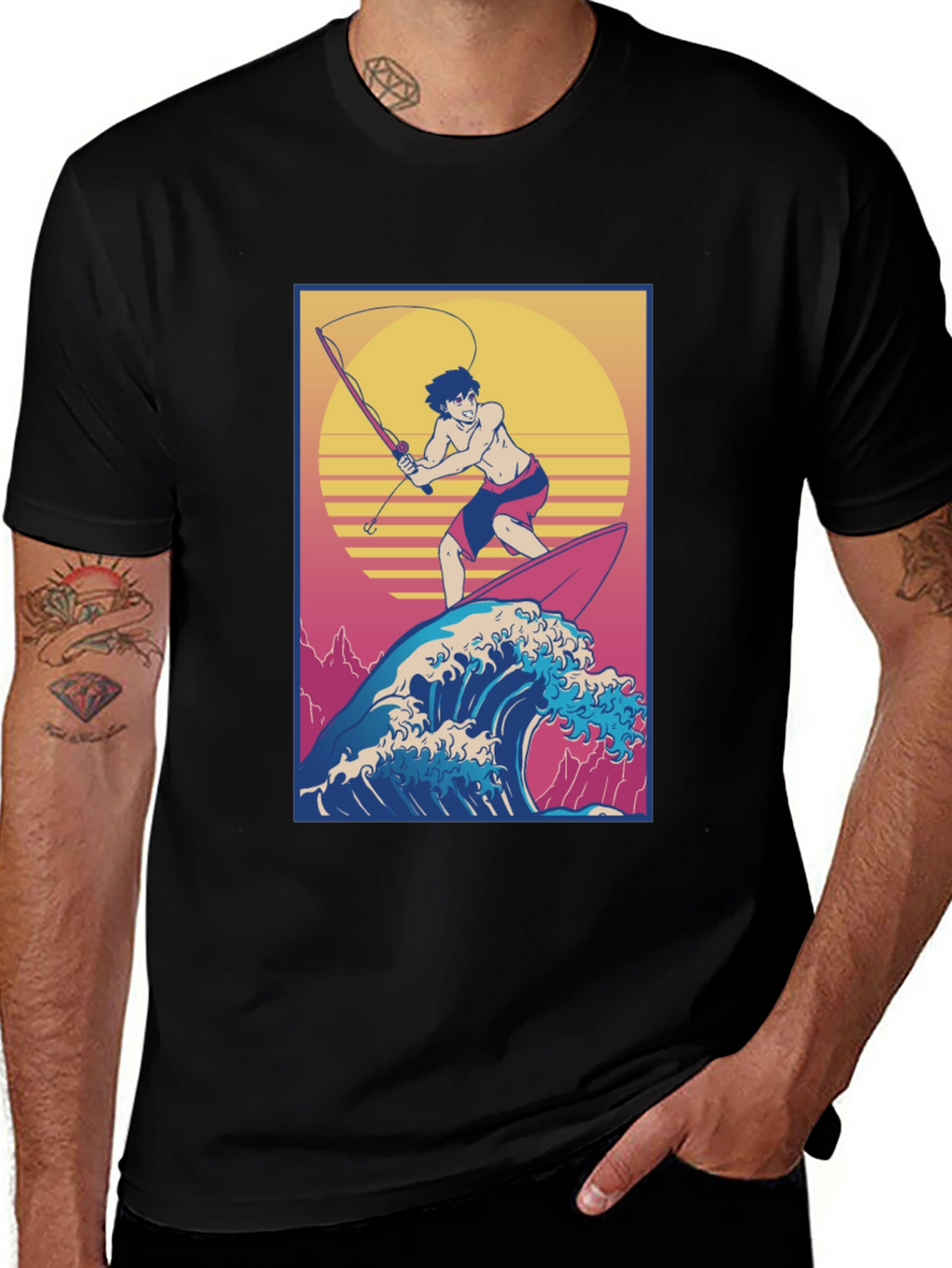 Surfing Fisherman Graphic Tee - Stylish Anime T-Shirt