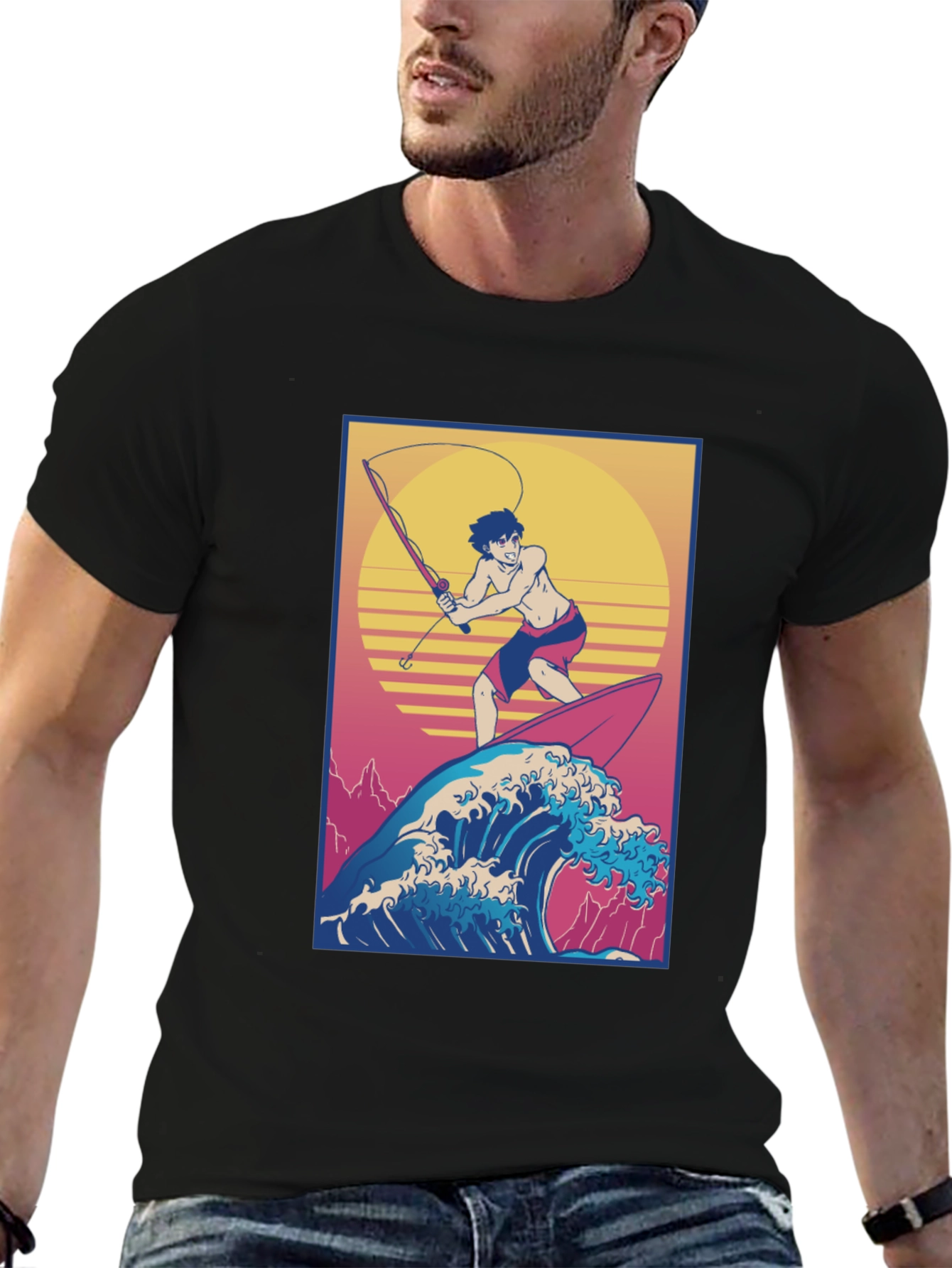 Surfing Fisherman Graphic Tee - Stylish Anime T-Shirt