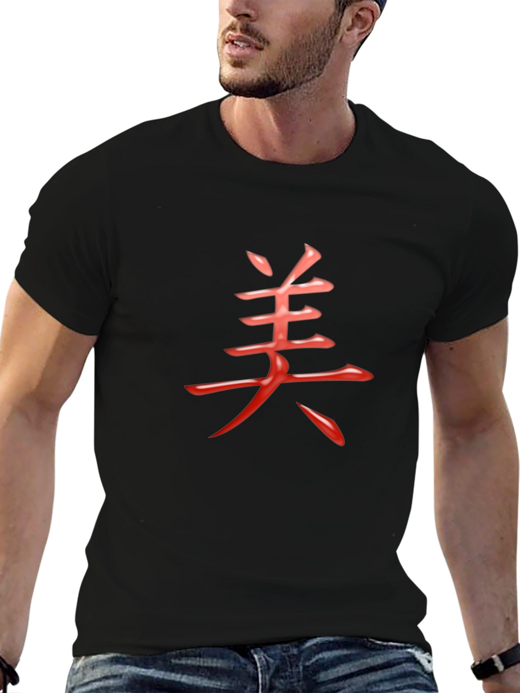 Mens Black T-Shirt with Red Chinese Character