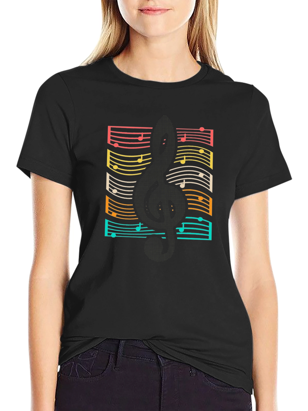 Retro Music Notes Guitar Black T-Shirt