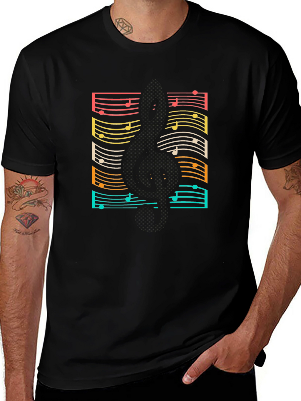 Retro Music Notes Guitar Black T-Shirt