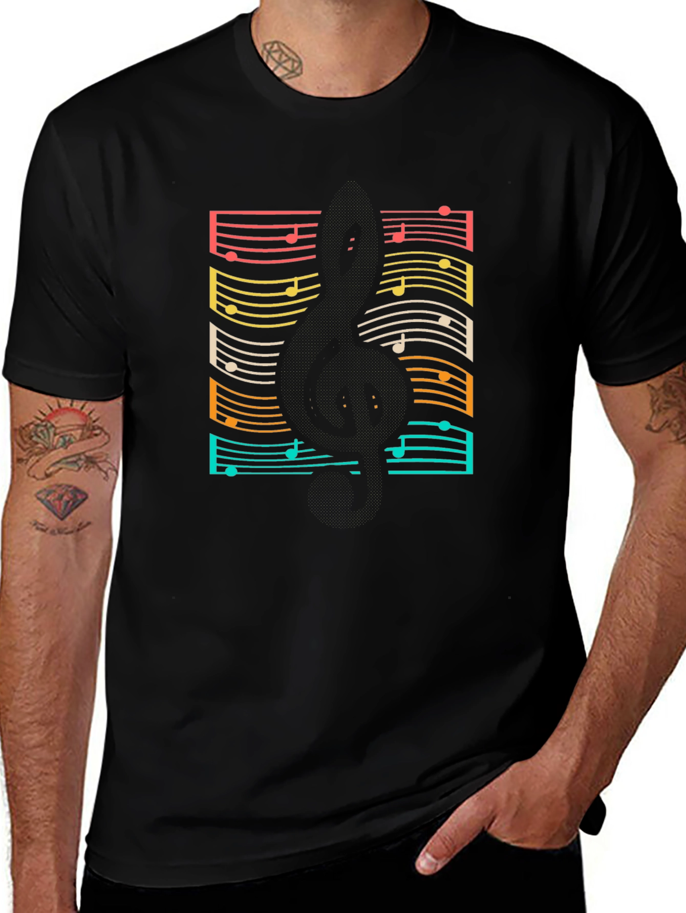 Retro Music Notes Guitar Black T-Shirt