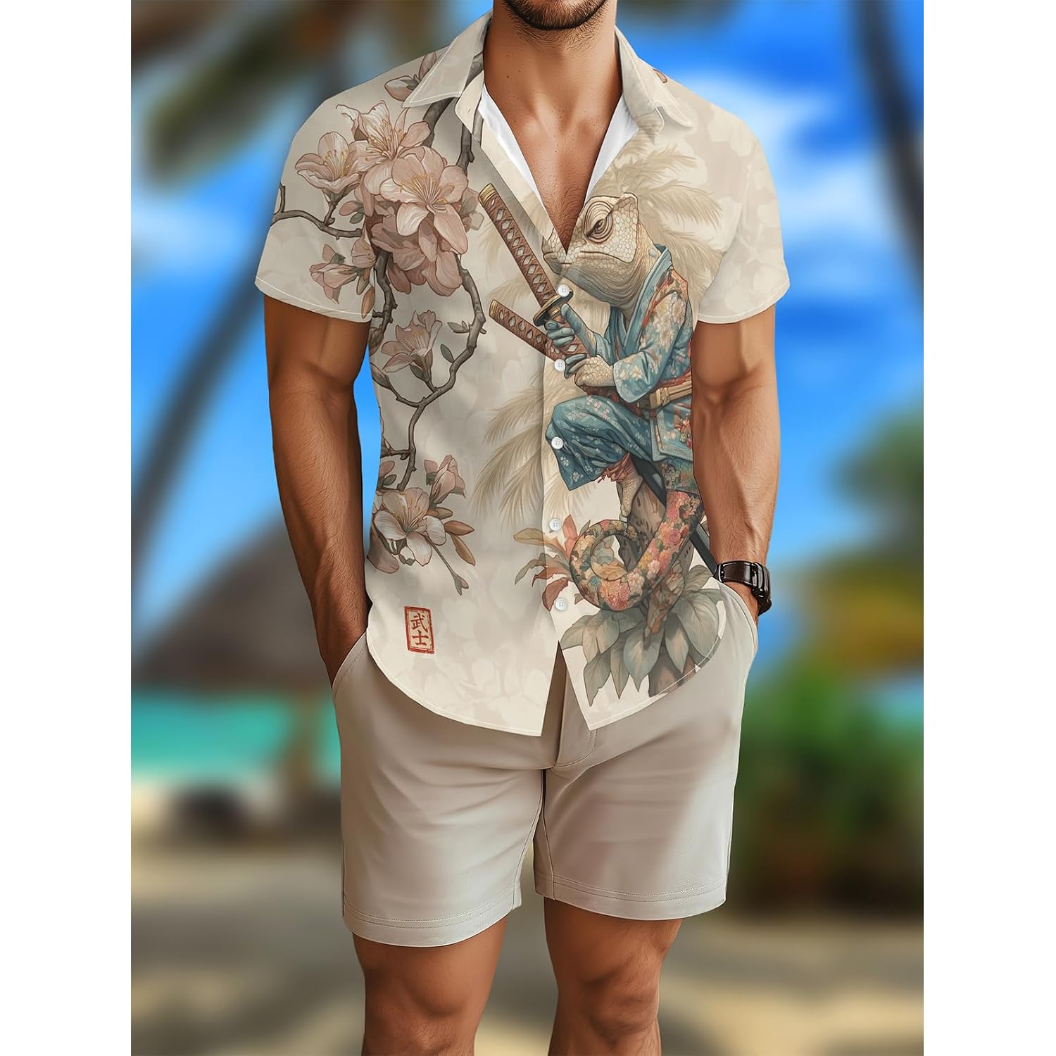 Funny Cartoon Print Hawaiian Shirt for Men Beach Vacation Casual Short Sleeve