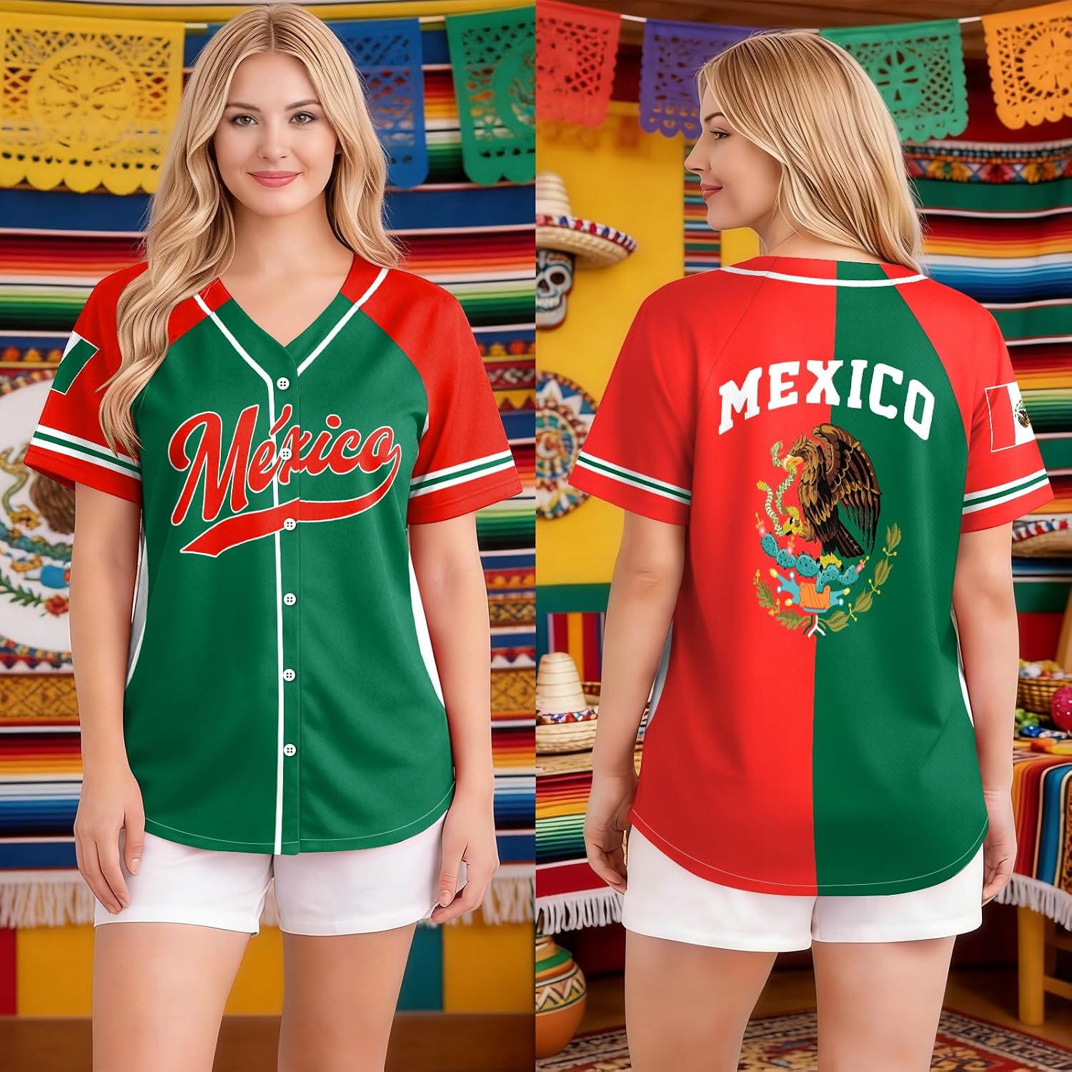 Women's Mexico Soccer Jersey - Mexican Flag Graphic Button Down Top