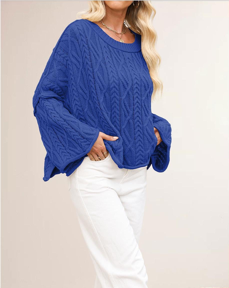 Women's Cropped Cable Knit Sweater Oversized Long Sleeve Pullover